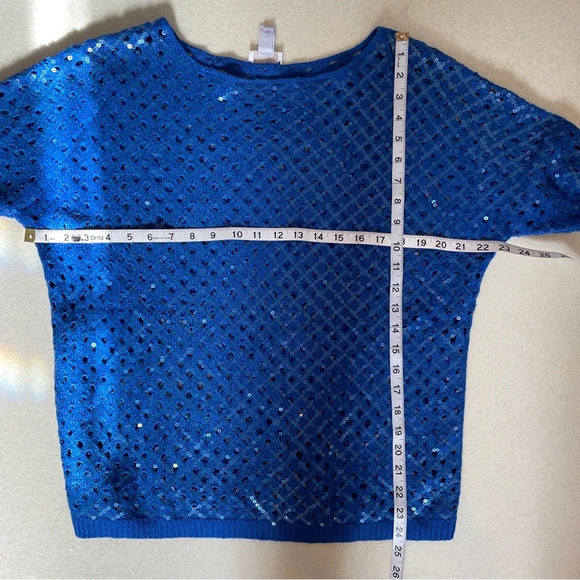 Chico’s blue sequin 3/4 sleeve open weave sweater size 1. - Picture 3 of 5